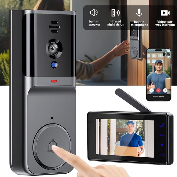 Wireless Doorbell Camera with Chime, Video Doorbell with Monitor, 2-Way Audio, 2.4G Instant Alert, Motion Detection, Night Vision