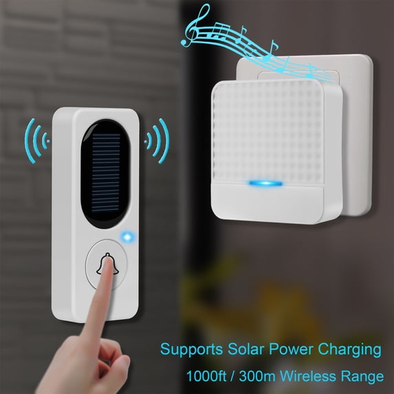 Wireless Doorbell, Czzoypi Solar Powered Wireless Doorbell Kit, Plug-In Chime 4-Volume Adjustable Long Range 300m Home Security, White