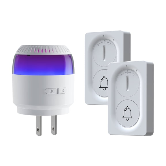 Wireless Doorbell Kit, Plug-In Doorbell with RGB Alarm Lighting, 38 Chimes & 5 Level Volume Levels, ideal for Home/Classroom/Kids Bedroom/Hearing-Impaired (1 receiver 2 button)