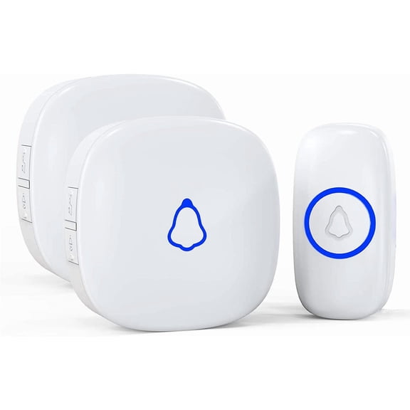 Wireless Doorbell, Mini Door Bell with 58 Chimes 5 Volume Levels, 1 Waterproof Button 2 Plug in Receiver, White Doorbell with Led Blue light for /Classroom/Office