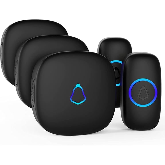 Wireless Doorbell, Mini Door Bell with 58 Chimes 5 Volume Levels, 1 Waterproof Button 2 Plug in Receiver, White Doorbell with Led Blue light for Home/Classroom/Office