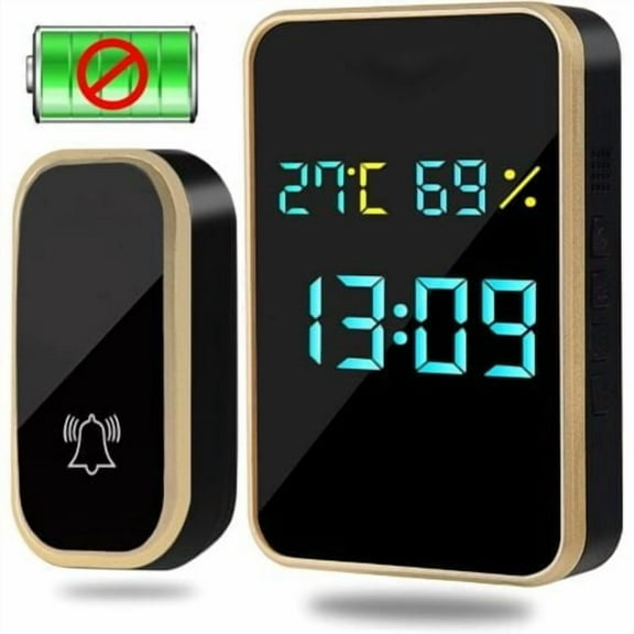 Wireless Doorbell Outdoor Waterproof Automatic Battery-Free Doorbell with Temperature, Humidity and Time Display, Wireless Doorbell with 38 Melodies and 4 Volume Levels