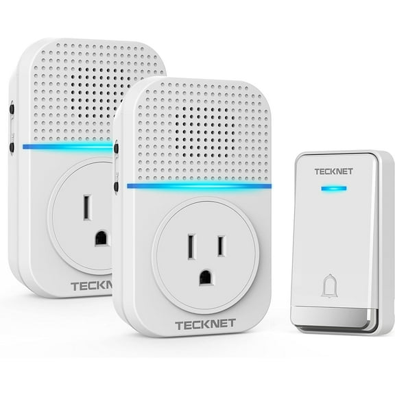 Wireless Doorbell, Self-Powered Doorbell, 0-110db Plug-through Wireless Doorbell Ringer for Homes Classroom, IP66 Waterproof 1300ft Door Chime with Extra Socket, 60 Chimes, LED Light (White)