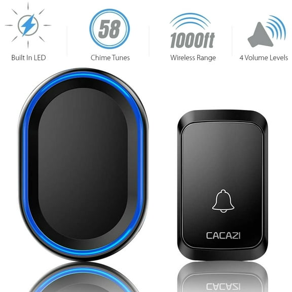 Wireless Doorbell，Waterproof Door Bell Chime Kit for Home Operating at 1000 Feet with 58 Melodies, 4 Volume Levels & LED Light Flash Door Chimes (Black)