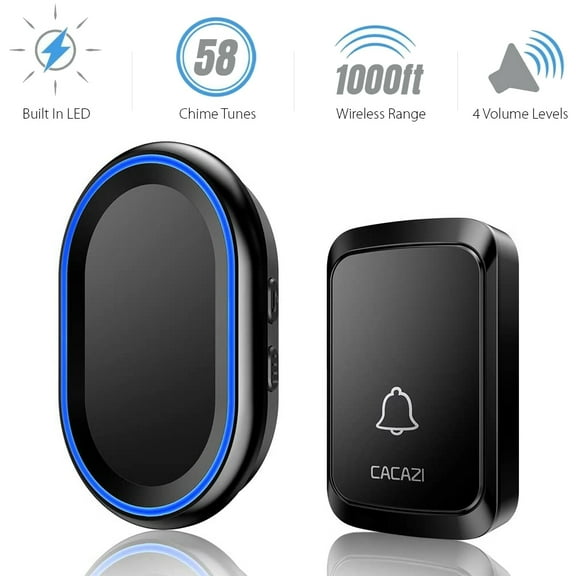 Wireless Doorbell, Waterproof Door Bell, Easy Install, Operating at 1000ft Range with 58 Melodies to Choose, Adjustable Volume and LED Flash,1 Push Button &1 Receiver,Black