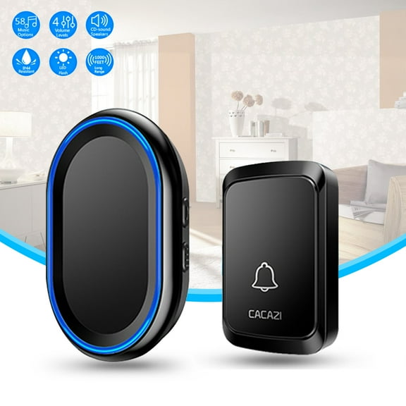 Wireless Doorbell, Waterproof Door Chime Kit Operating at over 1000 Feet with 1 Plug-In Receivers, 58 Melodies, CD Quality Sound and LED Flash Black