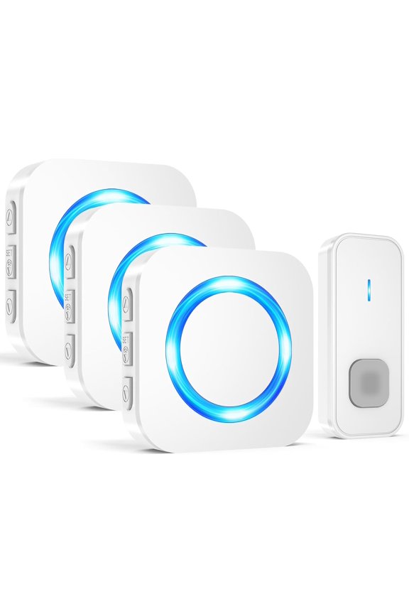 Wireless Doorbell, Waterproof Doorbell Operating at 1300-ft Ran with 55 Ringtones 5 Volume Levels and Mute Mode LED Flash,1 Transmitter/Push Button+3 Receivers Door Bells for Home Classroom(White)