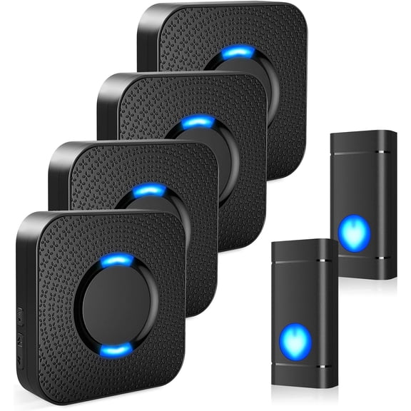 Wireless Doorbells for Home, Waterproof Door Chime Kit Operating at 1300-ft 58 Adjustable Melodies & 5 Volume Levels - Door Bell Wireless with LED Strobe, 2 Push Buttons + 4 Plug in Receivers
