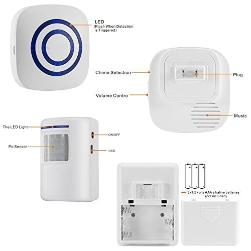 Wireless Driveway Alert : Infrared Motion Sensor Door Bell Alarm Chime 2 Receiver 1 Sensor 38 Chime Tunes Led Indicators Home Cordless Ding Dong Sound