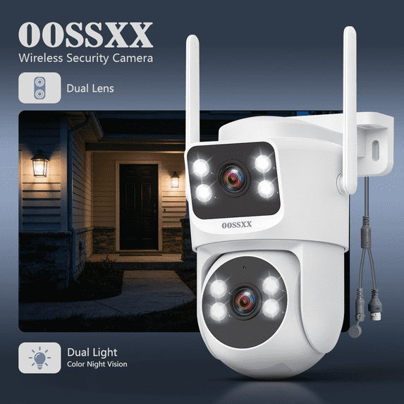 OOSSXX Dual Lens Security Camera Outdoor, 5GHz/2.4GHz Dual-Band WiFi Wireless Surveillance Cam, 360° PTZ & Fixed Dual-View