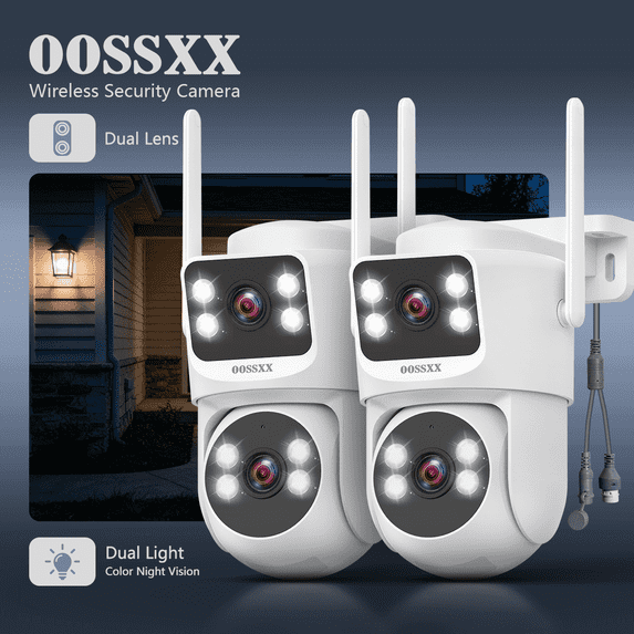OOSSXX Dual Lens Security Camera Outdoor, 5GHz/2.4GHz Dual-Band WiFi Wireless Surveillance Cam, 360° PTZ & Fixed Dual-View (2-Pack)