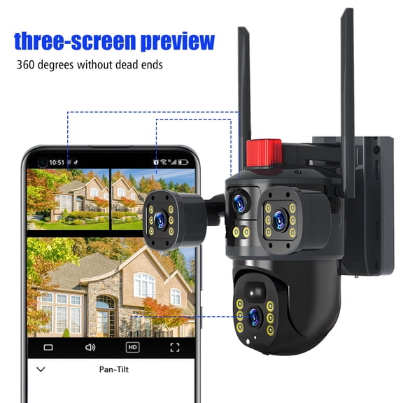 Wireless Dual Lens WiFi Outdoor Solar Security Camera 3MP 3MP 3-Screen View IP65 Waterproof Two-Way Audio Night Vision