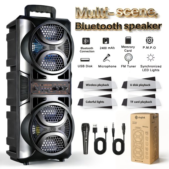 Wireless Dual Speaker Stereo Sound System, Portable Subwoofer with RGB Lighting, Two Speaker Sizes, Excellent Sound, for Parties/Camping/Home Entertainment