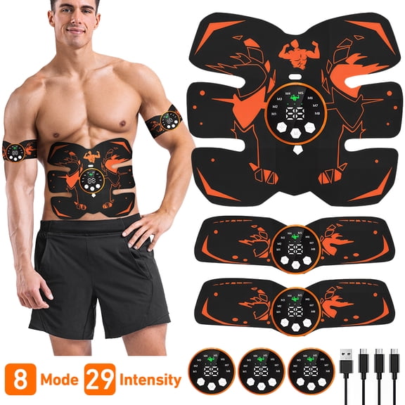 Wireless EMS Muscle Stimulator with LED Screen, Smart Electric Ab Toner for Abs, Arms & Legs – 8 Modes, 29 Levels – Rechargeable Fitness Massager & Training Stickers (Includes Ab & Arm Pads)