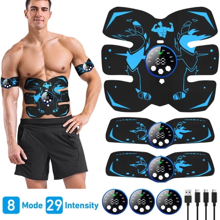 Wireless EMS Muscle Stimulator with LED Screen, Smart Electric Ab Toner for Abs, Arms & Legs – 8 Modes, 29 Levels – Rechargeable Fitness Massager & Training Stickers (Includes Ab & Arm Pads)