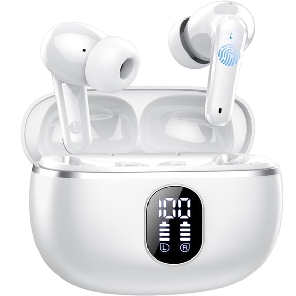 Wireless Ear Buds 50H Playback LED Power Display Earphones with Wireless Charging Case Headphones IPX7 Waterproof in-Ear Earbuds with Mic Compatible for iPhone Android White
