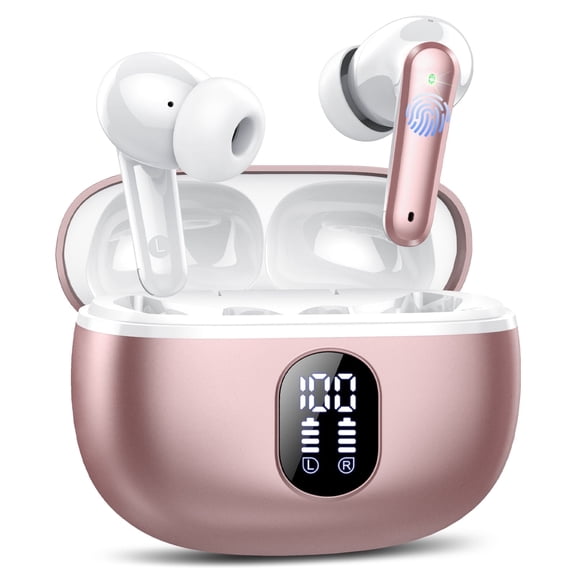 Wireless Ear Buds 50H Playback LED Power Display Earphones with Wireless Charging Case Headphones IPX7 Waterproof in-Ear Earbuds with Mic Compatible for iPhone Android Rose Pink
