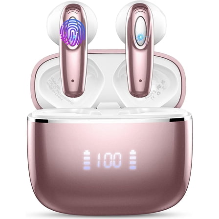 Wireless Earbud, Bluetooth Headphones 5.3 Built in 4 ENC Mic, Stereo Bass Wireless Earphones, 40H Bluetooth Earbud in-Ear LED Display, USB-C, IP7 Waterproof Sports Ear Buds for Android iOS, Rose Gold