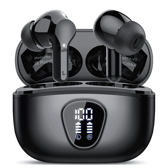 Wireless Earbuds, Bluetooth 5.4 Headphones HiFi Stereo, Bluetooth Earbuds with ENC Noise Cancelling Mic, IP7 Waterproof in Ear Earphones, 48H, LED Display Ear Buds for Pad Workout Sports, Black