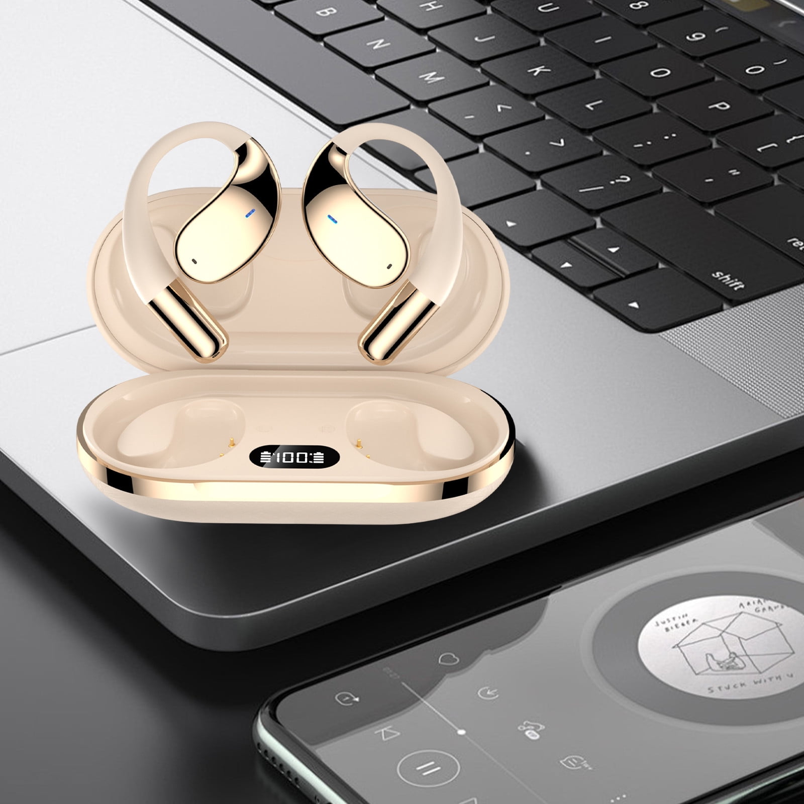 Wireless Earbuds 75hrs Bluetooth 5.3 Headphone Sport, 2026 Bluetooth Earbuds Stereo Deep Bass Over Ear Bud with Earhooks, ENC Noise Cancelling Mic, IPX7 Waterproof Earphone for Workout/Running,Beige