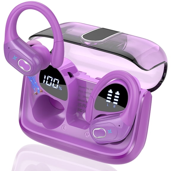 Wireless Earbuds 75hrs Bluetooth 5.4 Headphone Sport, 2026 Bluetooth Earbuds Stereo Deep Bass Over Ear Bud with Earhooks, ENC Noise Cancelling Mic, IPX7 Waterproof Earphone for Gym/Workout, Purple