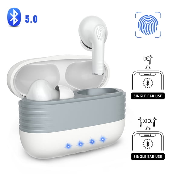 Wireless Earbuds Bluetooth 5.0 in-Ear True Wireless Stereo Headphones Long Playtime Bluetooth Earbuds Built-in Mics Waterproof Smart Touch Control Enhanced Bass for Sports Work (White)