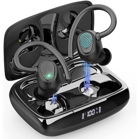 Wireless Earbuds, Bluetooth 5.3 Sports Headphones with Earhooks Stereo Deep Bass Noise Cancelling Earphones 48H Playtime LED Display IPX7 Waterproof Earbud with Mic Headset for Workout Running