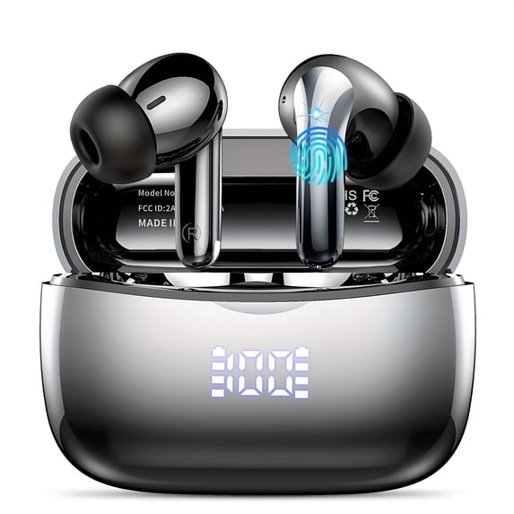 Wireless Bluetooth Earbuds, Noise Cancelling Headphones Bass Stereo, LED Display Waterproof in Ear Earphones, 50H Playtime for Laptop Pad Phones Sports Workout, Gradient Black