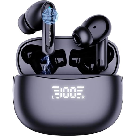 Wireless Earbuds, Bluetooth 5.3 Headphones with Noise Cancelling Microphone, LED Power Display Charging Box, in Ear Earbuds, Waterproof Earphones for Android iOS Sports, Black