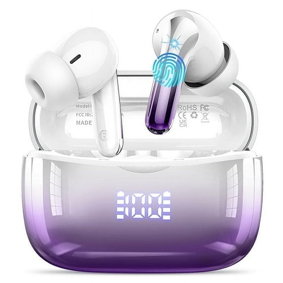 Wireless Bluetooth Earbuds Noise Cancelling Headphones with Mic, Stereo Deep Bass LED Display 56H Playtime IPX7 Waterproof in Ear Earbuds, for Laptops/Tablets/Phones, Gradient Purple