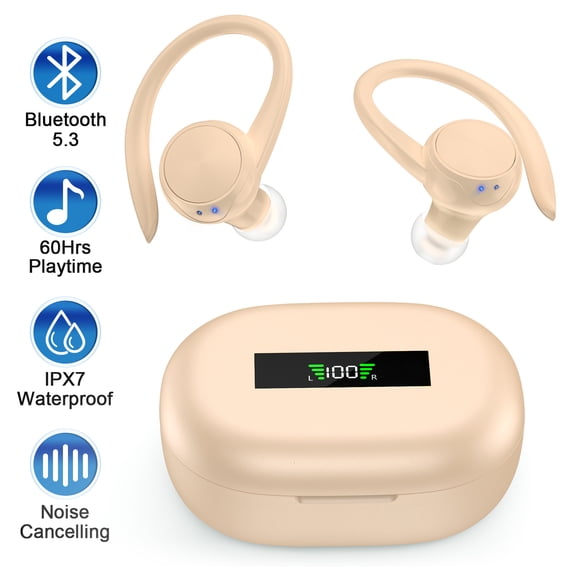 Wireless Earbuds,Bluetooth 5.3 Headphones for iPhone Android 60Hrs Playtime Waterproof IPX7 In-Ear Stereo Earphones Headset Noise Cancelling True Wireless Earbuds with Ear Hooks&Charging Case,Yellow