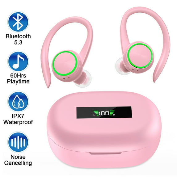 Wireless Earbuds,Bluetooth 5.3 Headphones for iPhone Android 60Hrs Playtime Waterproof IPX7 In-Ear Stereo Earphones Headset Noise Cancelling True Wireless Earbuds with Ear Hooks&Charging Case,Pink