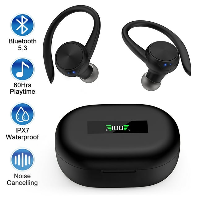 Wireless Earbuds,Bluetooth 5.3 Headphones for iPhone Android 60Hrs Playtime Waterproof IPX7 In-Ear Stereo Earphones Headset Noise Cancelling True Wireless Earbuds with Ear Hooks&Charging Case,Black
