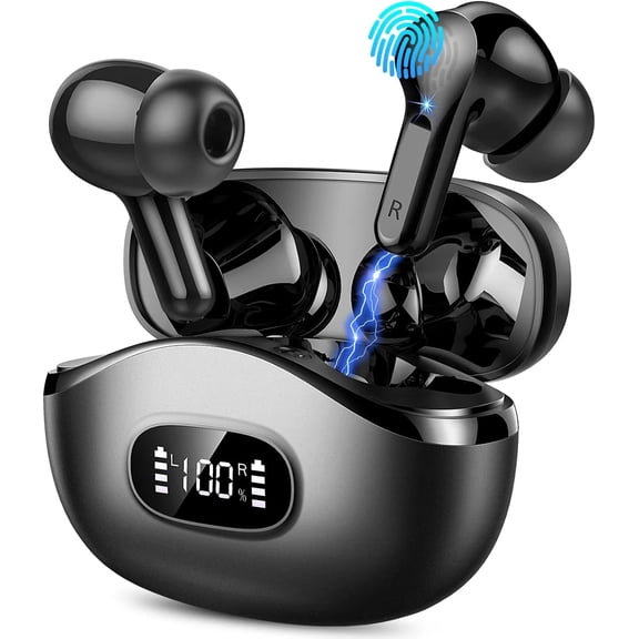 Wireless Earbuds with ENC Noise Cancelling Dual LED Display Charging Case Waterproof Compatible with iOS Android-Black