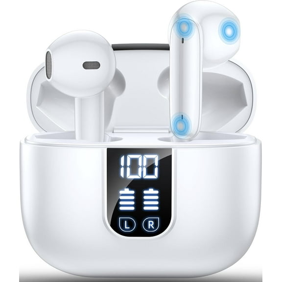 Wireless Earbuds Bluetooth 5.4 In Ear Buds 6 Mic ENC Noise Cancelling Clear Calls, Deep Bass HiFi Stereo Sound Earphones 35H Playtime LED Power Display IP7 Waterproof Headphones for Android iOS White