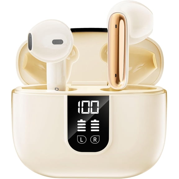 Wireless Earbuds Bluetooth 5.4 In Ear Buds 6 Mic ENC Noise Cancelling Clear Calls, Deep Bass HiFi Stereo Sound Earphones 35H Playtime LED Power Display IPX7 Waterproof Headphones for Android iOS Buff