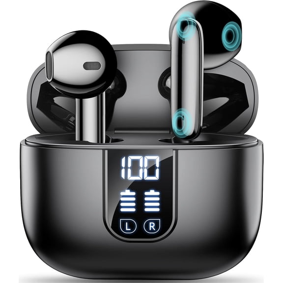 Wireless Earbuds Bluetooth 5.4 In Ear Buds 6 Mic ENC Noise Cancelling Clear Calls,Deep Bass HiFi Stereo Sound Earphones 35H Playtime LED Power Display IPX7 Waterproof Headphones for Android iOS Black