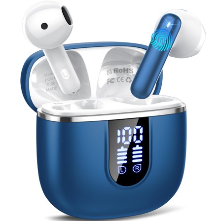 Wireless Earbuds, Bluetooth 5.4 Headphones with 3D Bass Stereo, Bluetooth Earbuds with 4 ENC Noise Cancelling Mic, 40H Ultralight In-Ear Buds USB-C LED, IP7 Waterproof Earphones for Android iOS, Blue