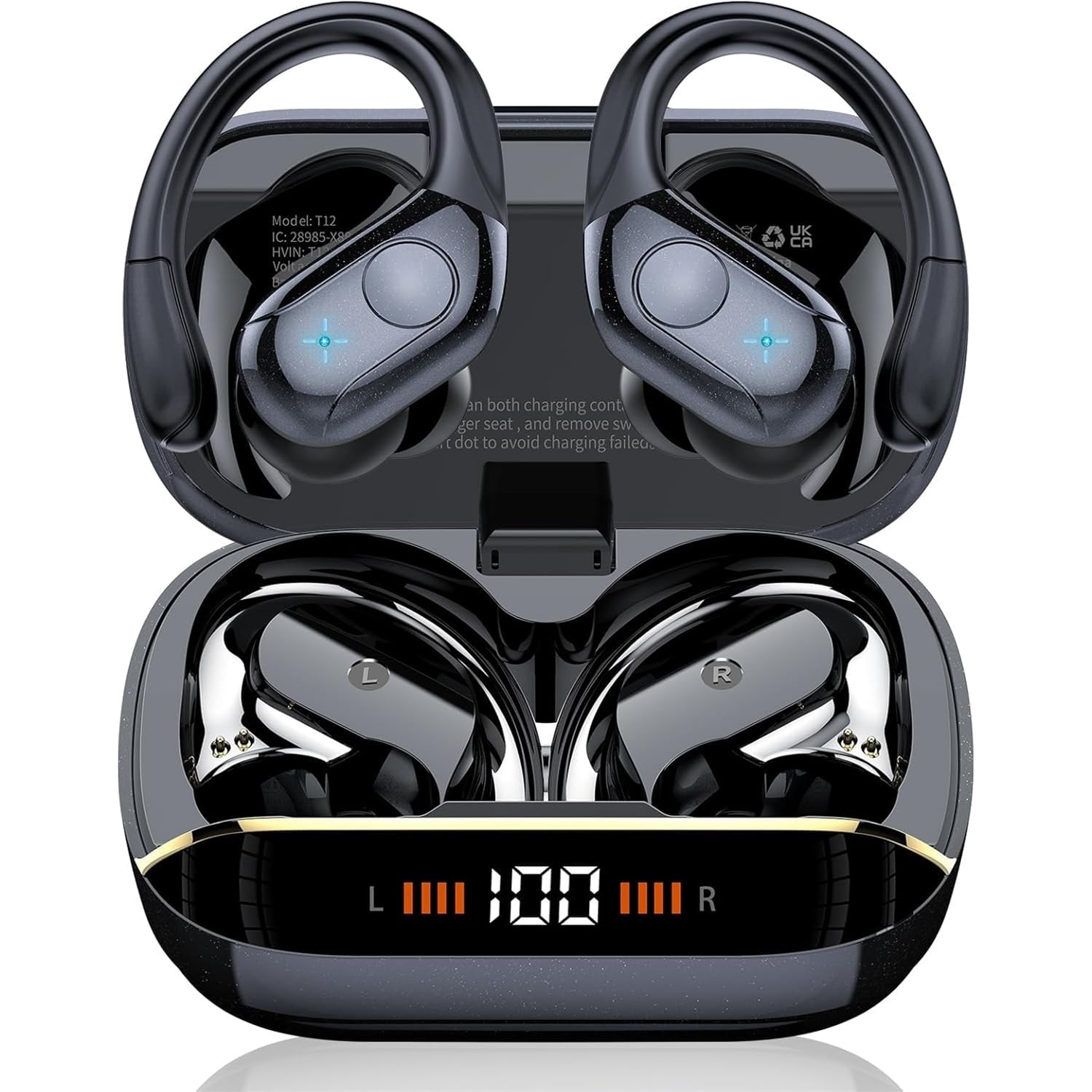 Wireless Earbuds Bluetooth 5.4 Headphones 75H Playtime Stereo Deep Bass Sports Ear Buds with Earhooks, LED Display Bluetooth Earbuds with 4 ENC Mic IP7 Waterproof Earphone for Workout/Running
