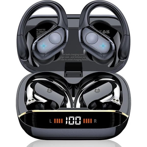 Wireless Earbuds Bluetooth 5.4 Headphones 75H Playtime Stereo Deep Bass Sports Ear Buds with Earhooks, LED Display Bluetooth Earbuds with 4 ENC Mic, IP7 Waterproof Earphone for Workout/Running, Black