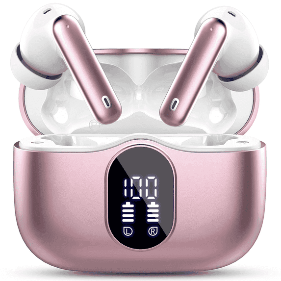 Wireless Earbuds, Bluetooth 5.4 Headphones Bass Stereo, Ear Buds with Noise Cancelling Mic, LED Display in Ear Earphones Clear Calls, IP7 Waterproof Bluetooth Earbuds for Laptop/Phones, Rose Gold