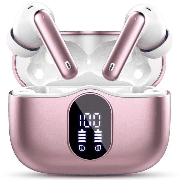 Wireless Earbuds, Bluetooth 5.4 Headphones Bass Stereo, Ear Buds with Noise Cancelling Mic, LED Display in Ear Earphones Clear Calls, IP7 Waterproof Bluetooth Earbuds for Laptop/Phones, Rose Gold