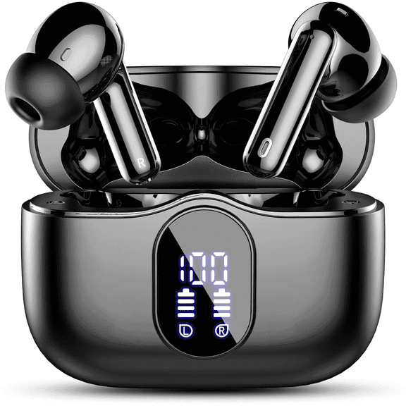 Wireless Earbuds, Bluetooth 5.4 Headphones Bass Stereo, Ear Buds with Noise Cancelling Mic, LED Display in Ear Earphones Clear Calls, IP7 Waterproof Bluetooth Earbuds for Phones/Sports/Laptop, Black