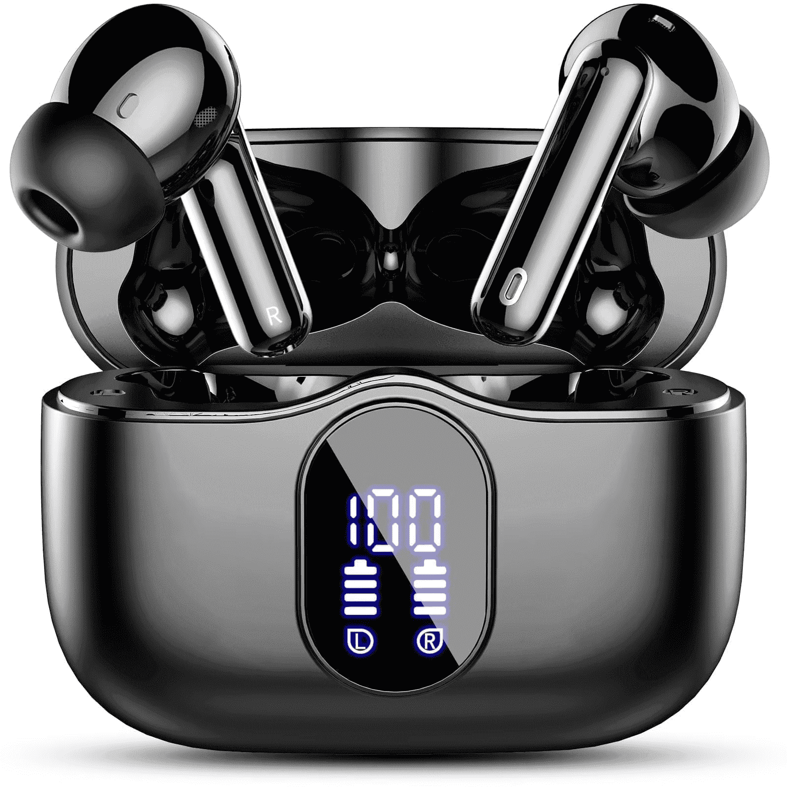 Wireless Earbuds, Bluetooth 5.4 Headphones Bass Stereo, Ear Buds with Noise Cancelling Mic, LED Display in Ear Earphones Clear Calls, IP7 Waterproof Bluetooth Earbuds for Phones/Sports/Laptop, Black