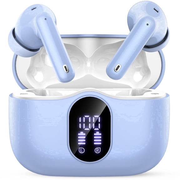 Wireless Earbuds, Bluetooth 5.4 Headphones Bass Stereo, Ear Buds with Noise Cancelling Mic, LED Display in Ear Earphones Clear Calls, IP7 Waterproof Bluetooth Earbuds for Laptop/Phones, Pale Blue