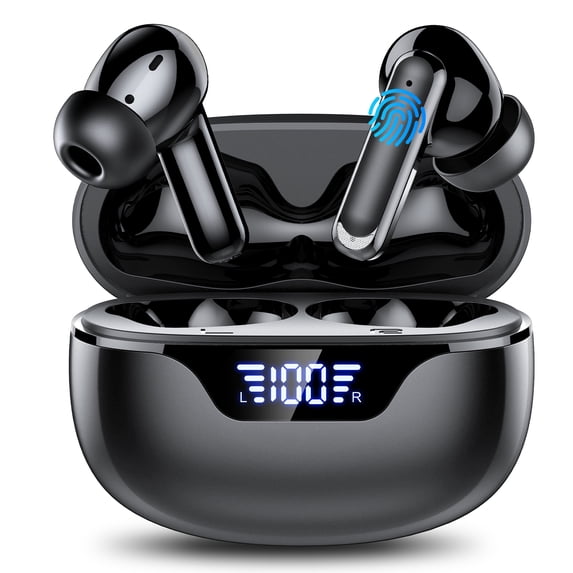 Wireless Earbuds Bluetooth 5.4 Headphones, Deep Bass Loud Clear Sound with Noise Cancelling Mic, LED Display 60H Playing Time in-Ear Headphones with Wireless Charging Case for iPhone Android, Black
