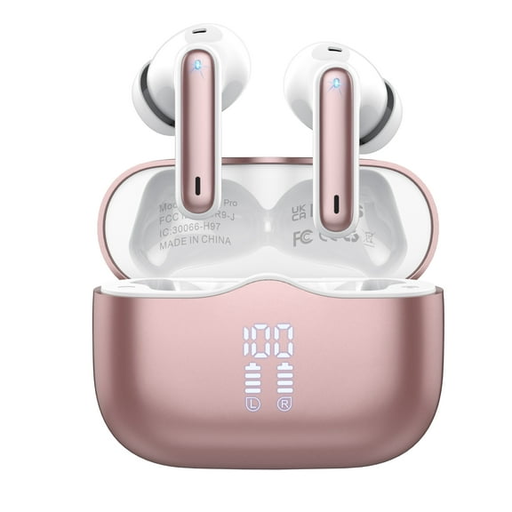 Wireless Earbuds, Bluetooth 5.4 Headphones in Ear Wireless Earphones HiFi Stereo Deep Bass 40H Playtime with 4 ENC Noise Cancelling Mic, In-Ear Bluetooth Earbuds LED Display IP7, USB-C, Rose Gold