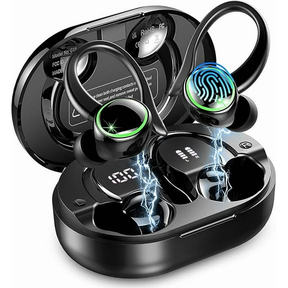Wireless Earbuds, Bluetooth 5.4 Headphones Sports, 50H Playback Over-Ear buds with ENC Noise Cancelling Mic, Deep Bass Fitness Earphones with Earhooks, IP7 Waterproof Headset for Running Workout Gym
