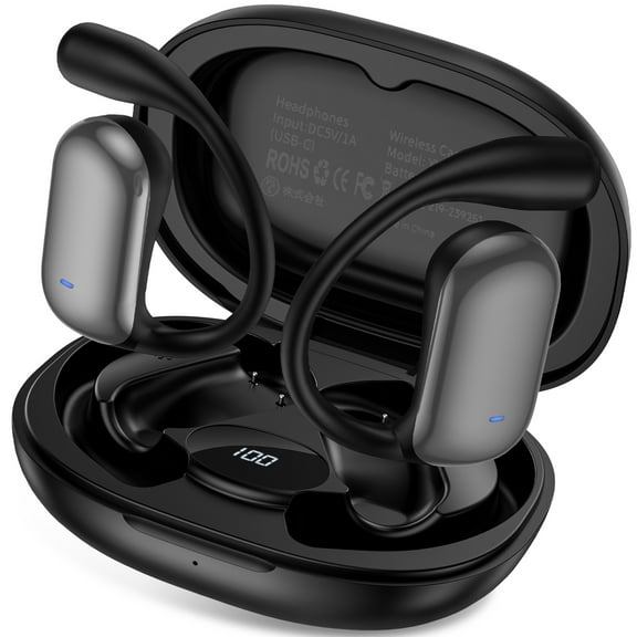 Wireless Earbuds,Bluetooth 5.4 Headphones for iPhone Android 90Hrs Playtime IPX7 Waterproof Open-Ear Stereo Earphones Headset Noise Cancelling True Wireless Earbuds with Ear Hooks&Charging Case,Black