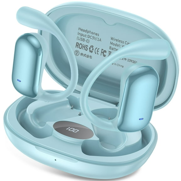 Wireless Earbuds,Bluetooth 5.4 Headphones for iPhone Android 90Hrs Playtime IPX7 Waterproof Open-Ear Stereo Earphones Headset Noise Cancelling True Wireless Earbuds with Ear Hooks&Charging Case,Blue